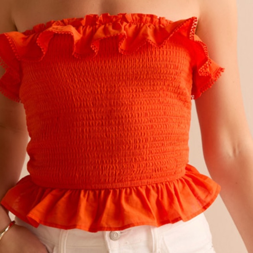 Blue Rain Vibrant Orange Smocked Crop Top